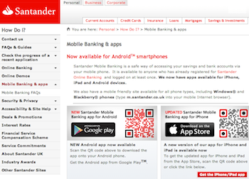 Santander mobile banking website homepage