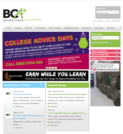 Berkshire College of Agriculture (BCA) webiste homepage screenshot