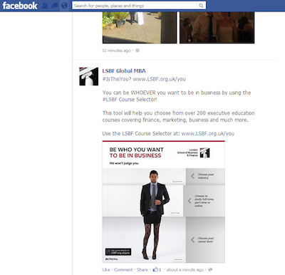 The London School of Business and Finance Be who you want to be in business marketing campaign on Facebook image