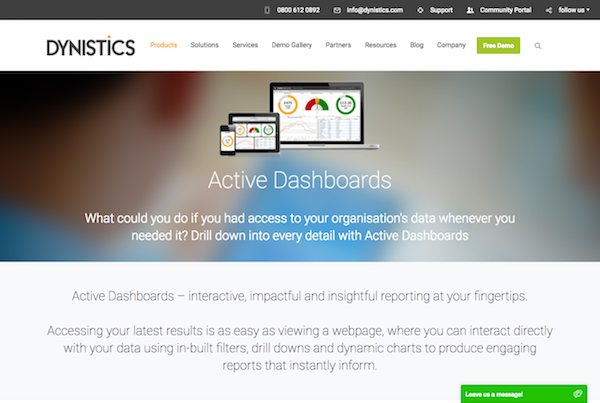 Dynistics Active Dashboards webpage